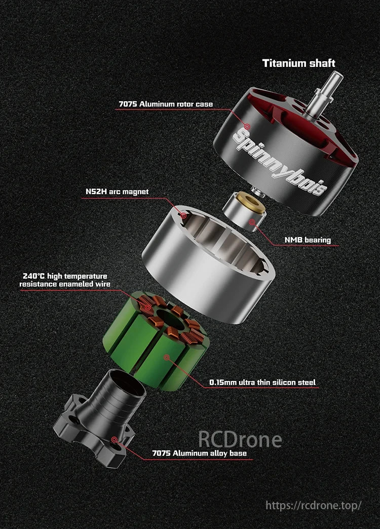 OddityRC 1205 FPV Motor features titanium shaft, aluminum rotor, N52H magnet, NMB bearing, and alloy base for high performance.