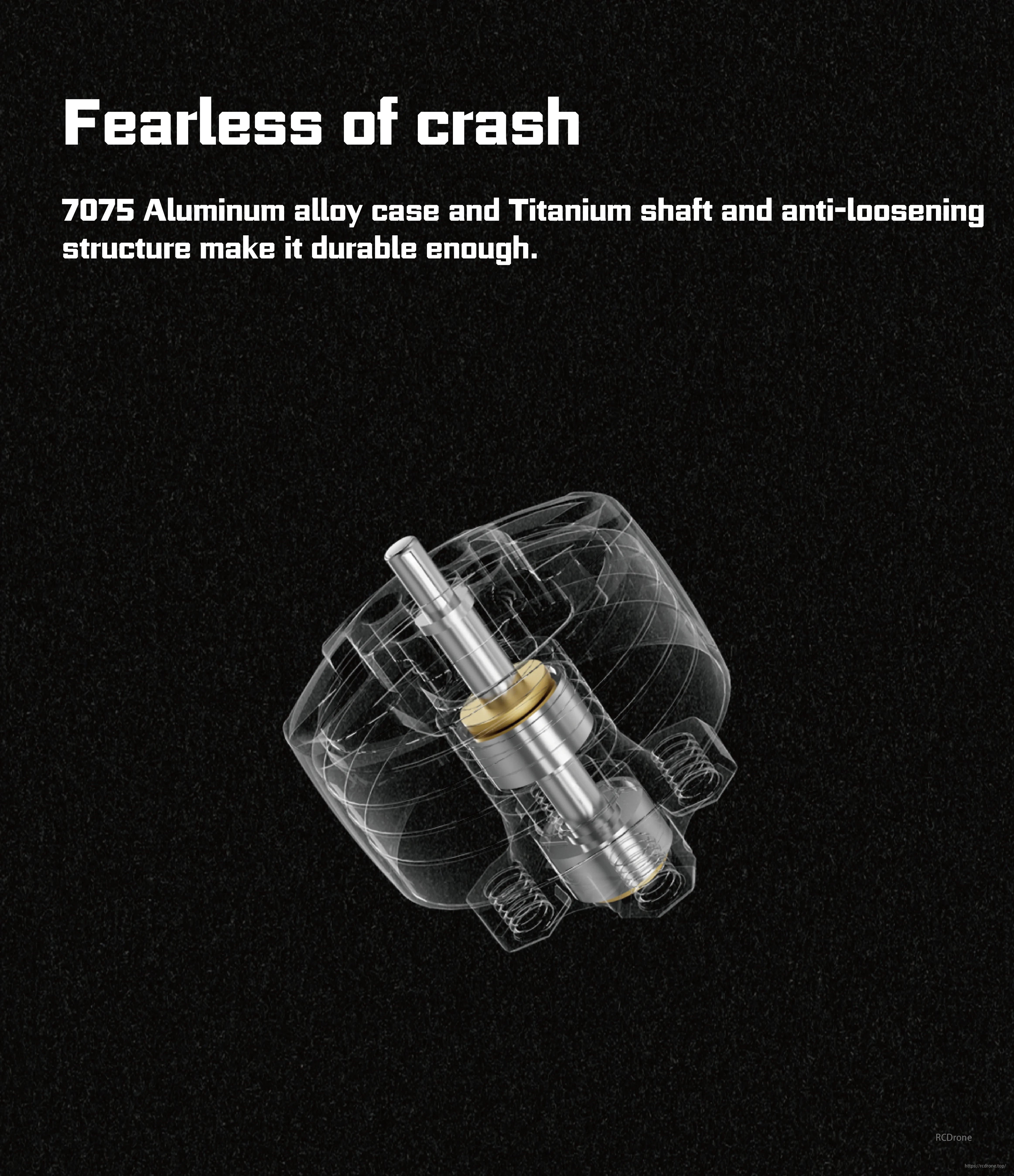 Crash-resistant OddityRC 1205 FPV Motor features 7075 Aluminum alloy, Titanium shaft, and anti-loosening structure for durability.