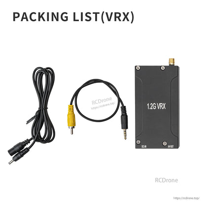 OddityRC 1.2G VRX packing list with receiver, power lead, and AV cable included