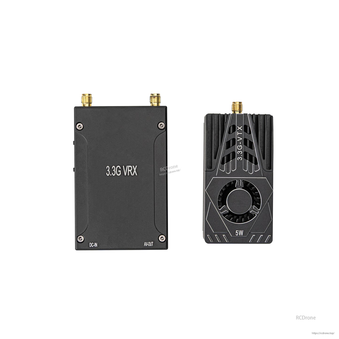Top-down view of 3.3G VRX and 5W VTX modules side by side