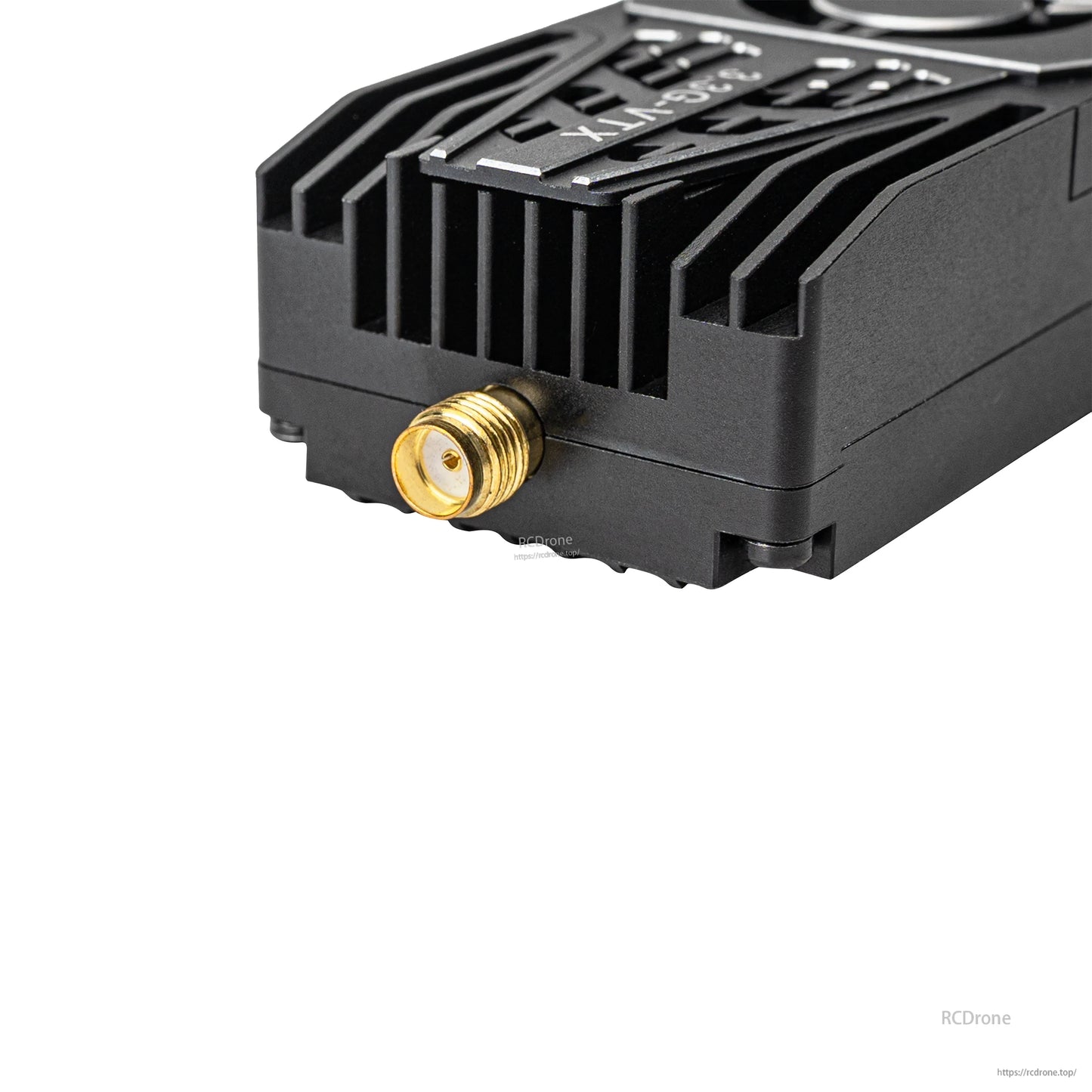 Close-up of VTX SMA antenna connector and finned heat sink housing
