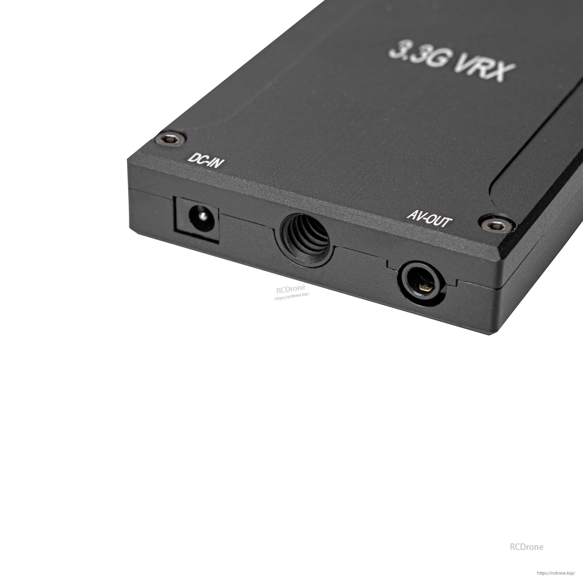 VRX side panel close-up with labeled DC-IN, AV-OUT and 3.5mm jack port