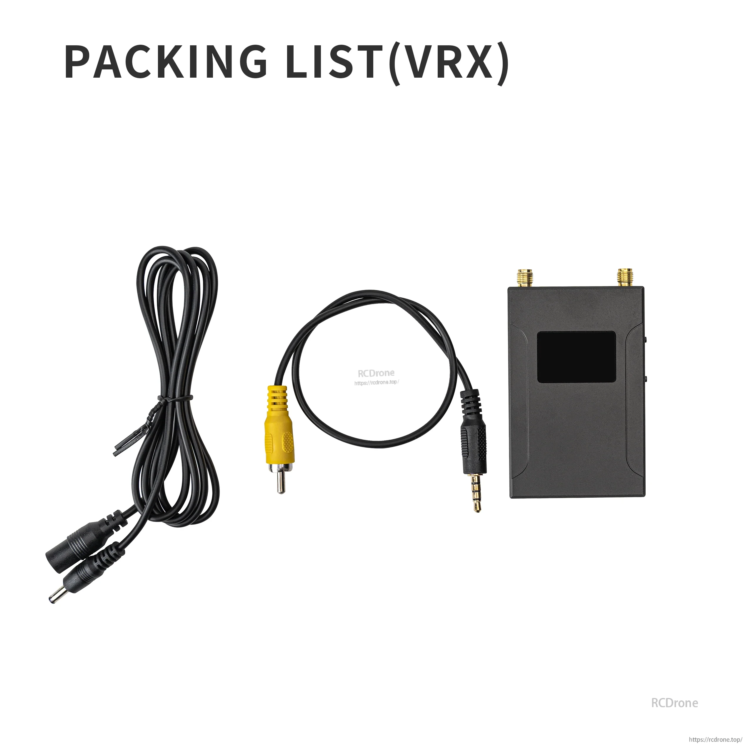 3.3G VRX packing list with receiver module, DC power cable, and 2.5mm-to-RCA CVBS video adapter lead