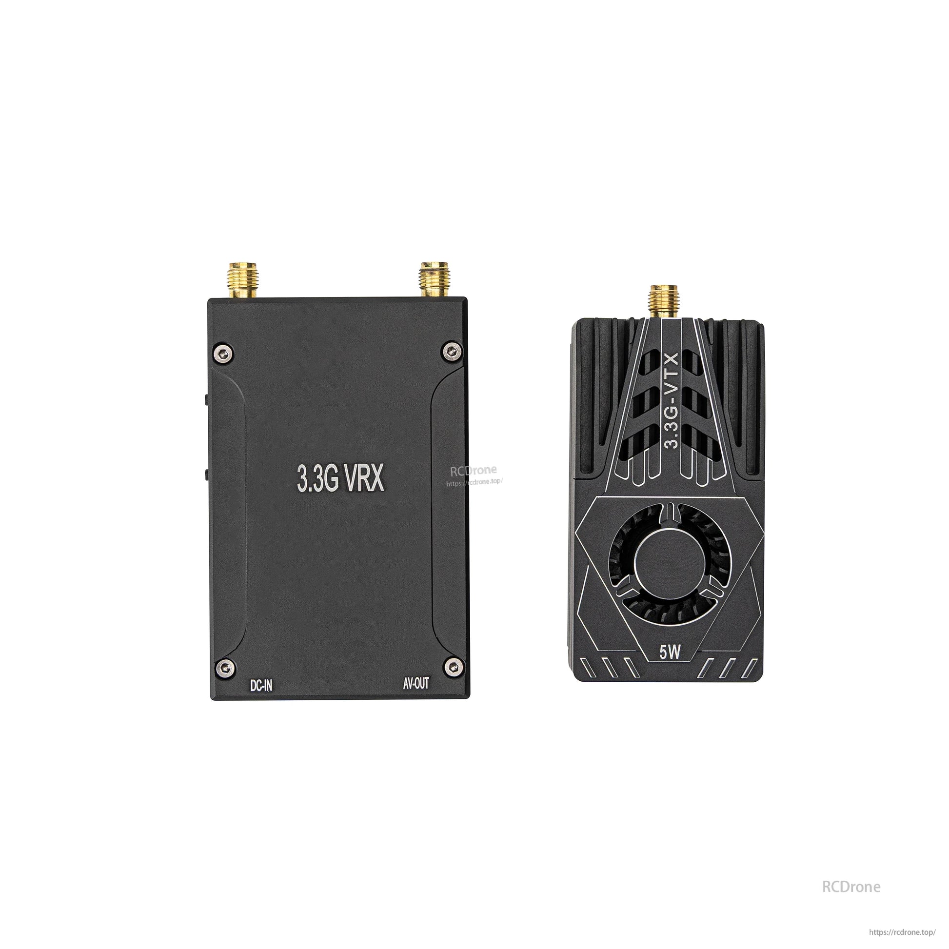 Front view of 3.3G VRX receiver and matching 3.3G VTX transmitter side by side