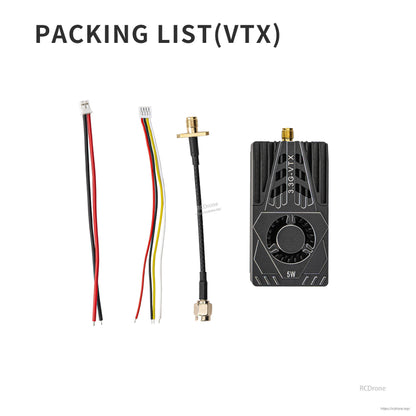 Packing list (VTX): wiring harnesses, SMA pigtail adapter cable, and 3.3G VTX 5W unit