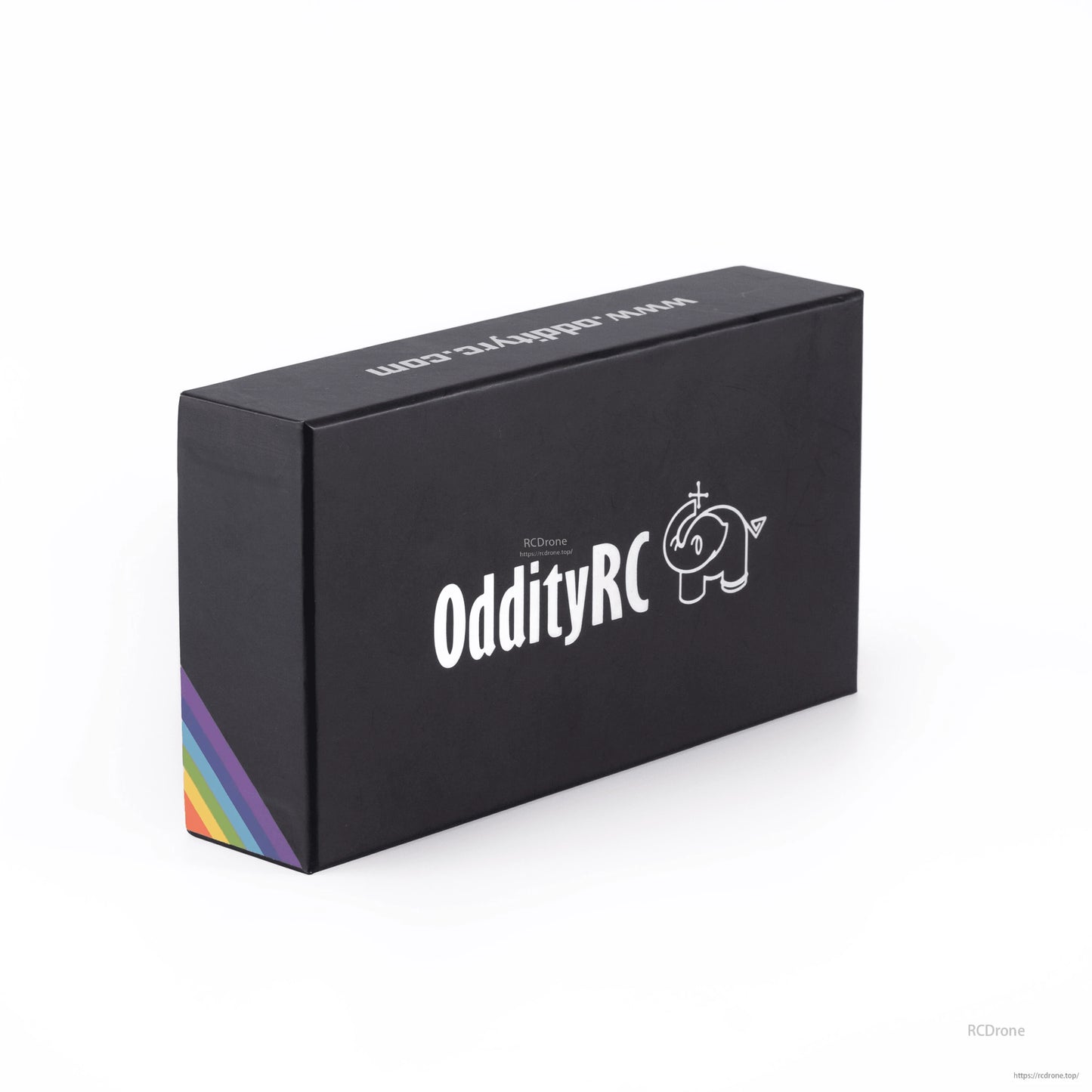 OddityRC branded black retail box for FPV frame kit with elephant logo and rainbow corner stripes