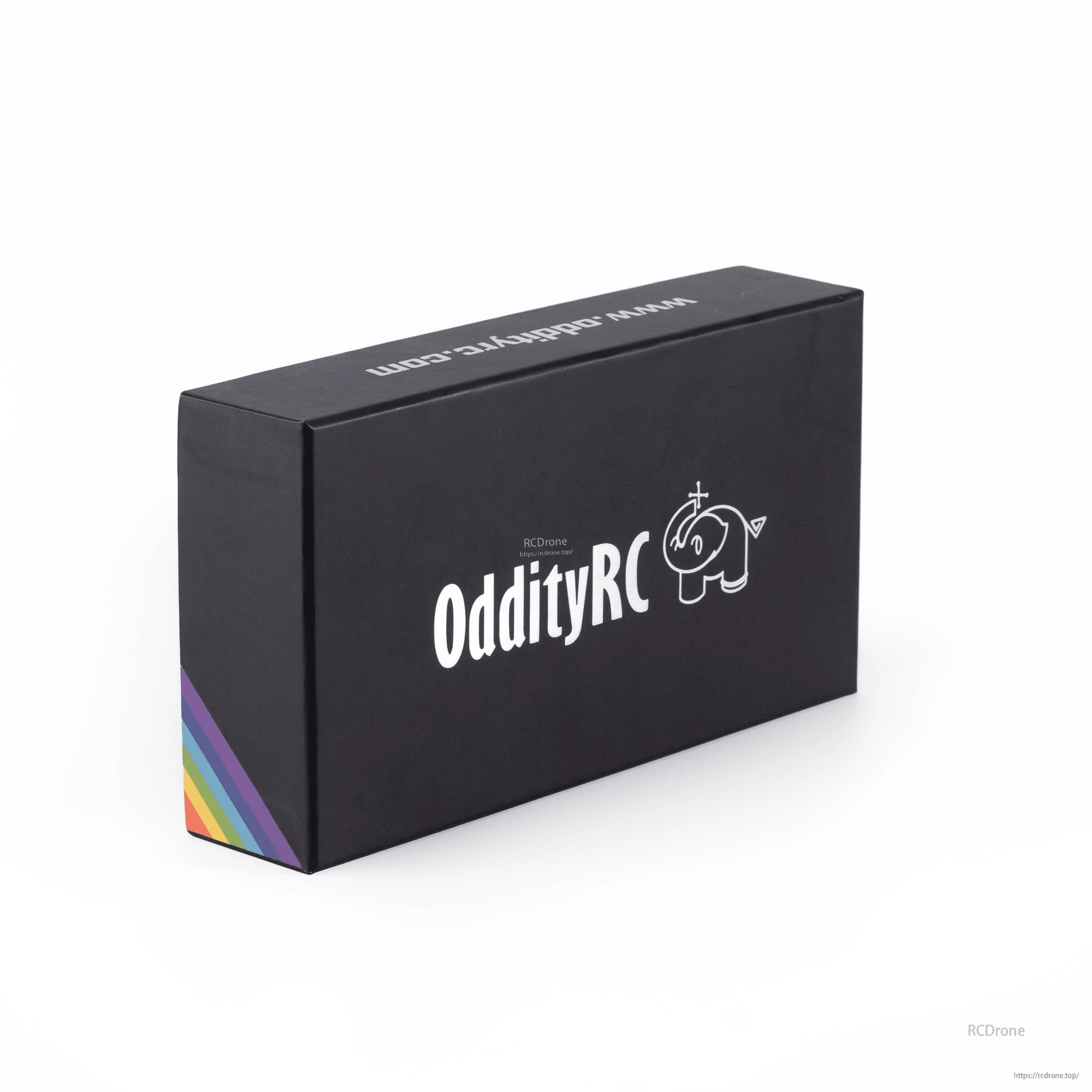 OddityRC branded black retail box for FPV frame kit with elephant logo and rainbow corner stripes