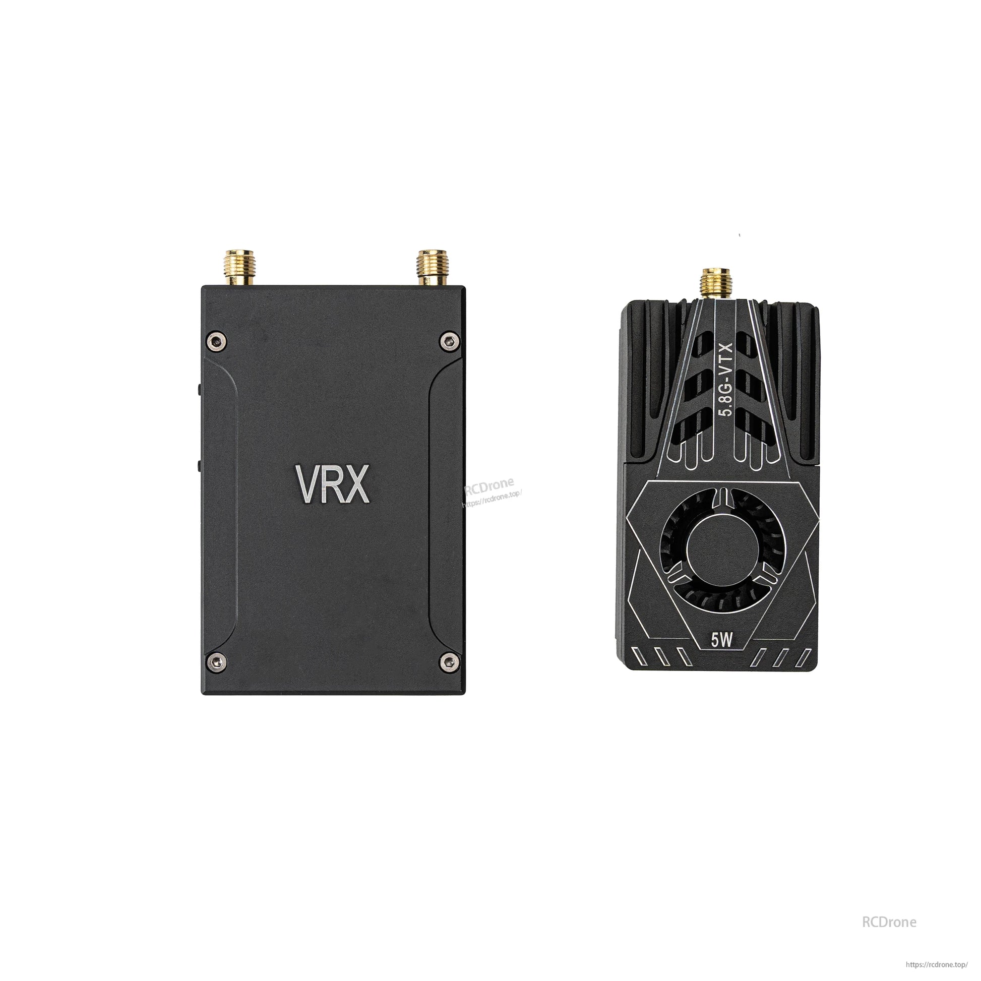 Front view of VRX receiver and 5W VTX transmitter side-by-side