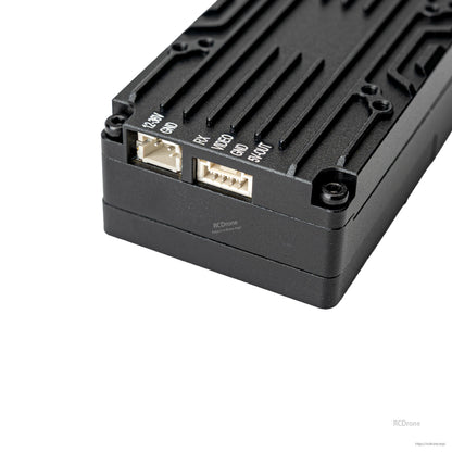 VTX underside showing 12–36V power input port and multi-pin control/serial connector