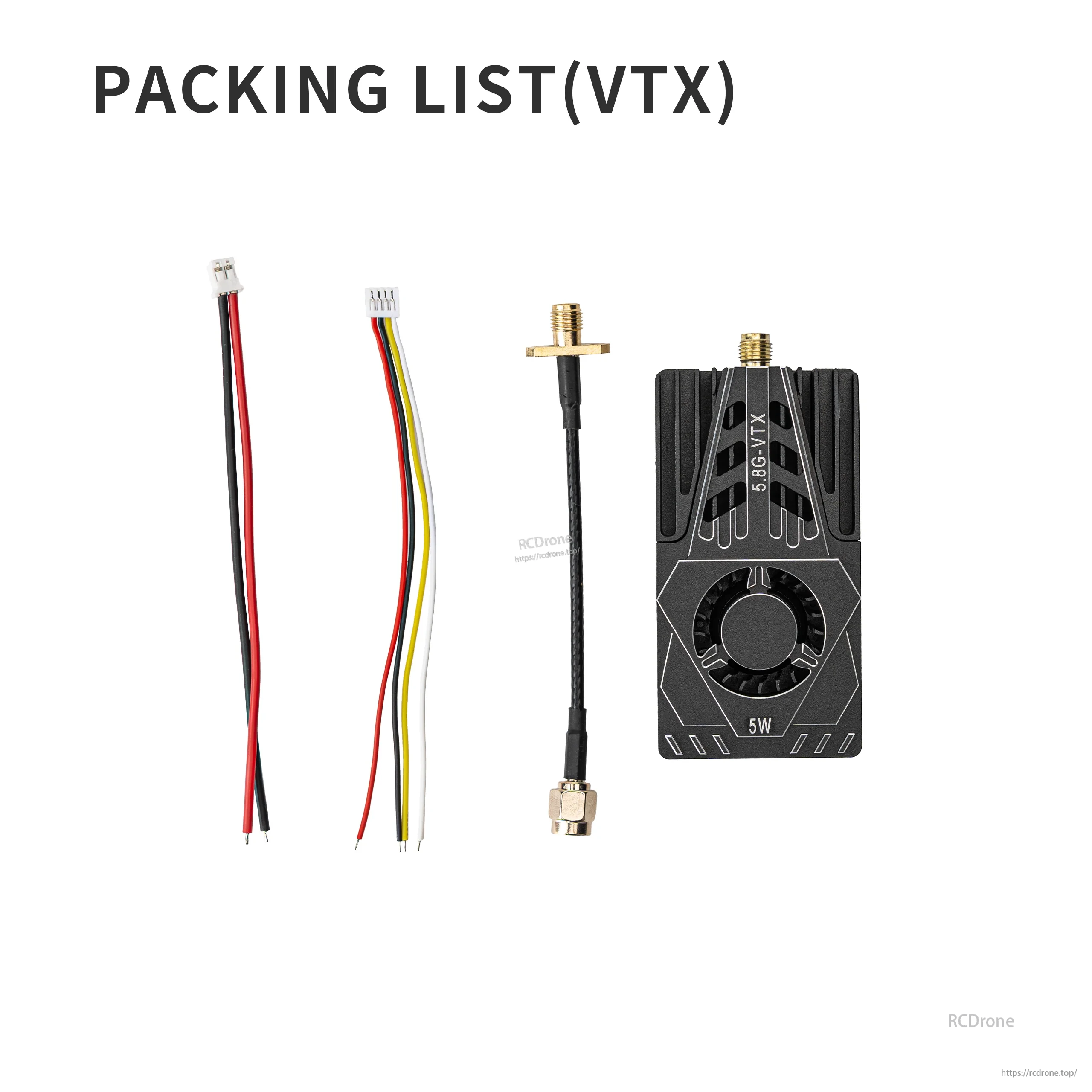 Packing list for OddityRC 4.9–5.8GHz 5W VTX: transmitter unit, wiring harnesses, and SMA pigtail cable