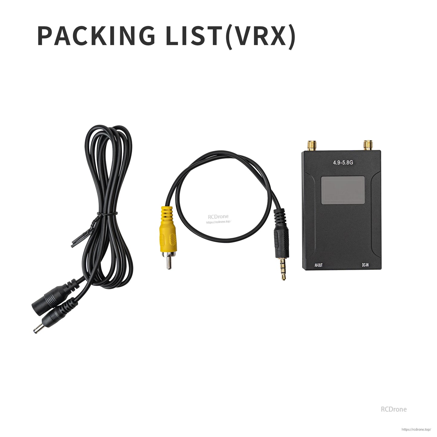 OddityRC 4.9~5.8G VRX packing list with receiver, AV cable, and power lead