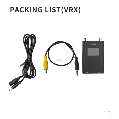OddityRC 4.9~5.8G VRX packing list with receiver, AV cable, and power lead