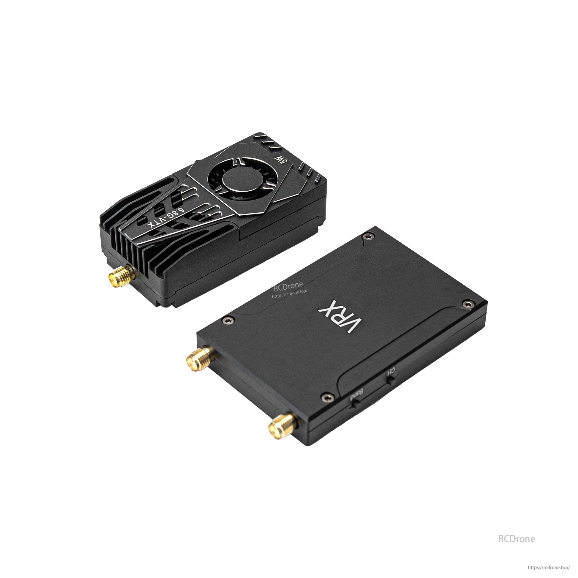 VRX receiver and fan-cooled FPV transmitter shown together, angled comparison view