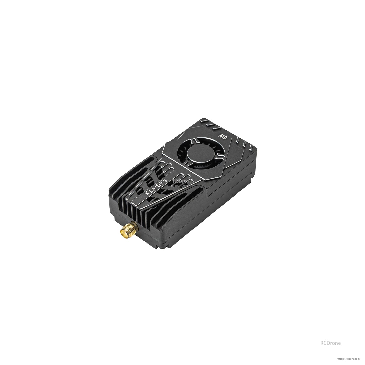 FPV video transmitter unit with cooling fan and heatsink fins, angled view