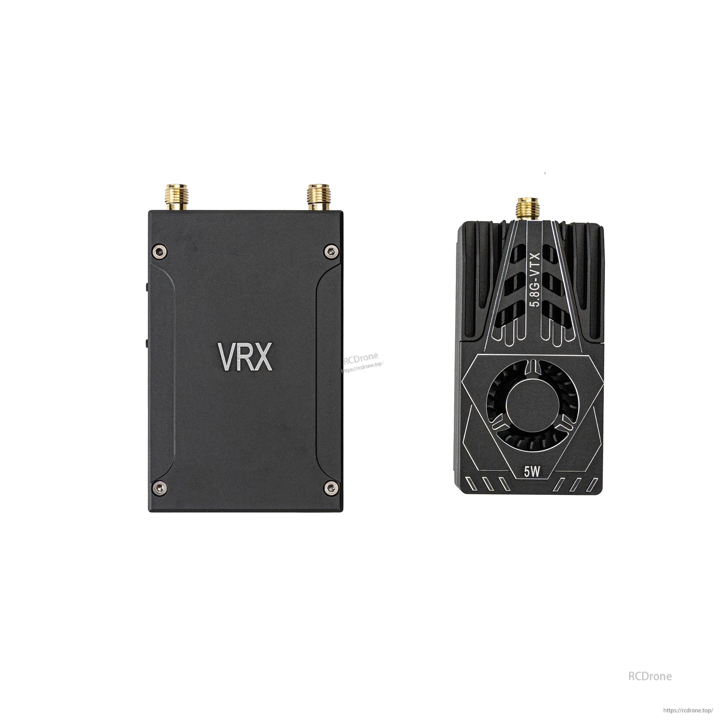 OddityRC VRX receiver next to fan-cooled VTX unit, front/top comparison on white