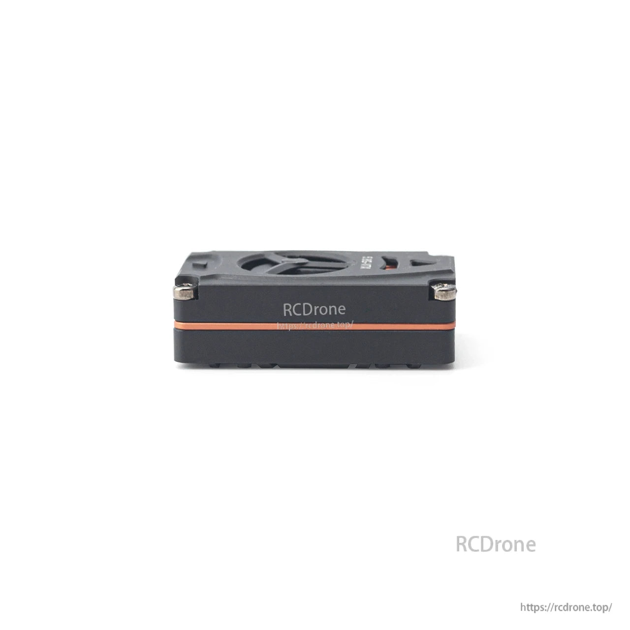 Side profile of the video transmitter showing low-height case and orange accent band