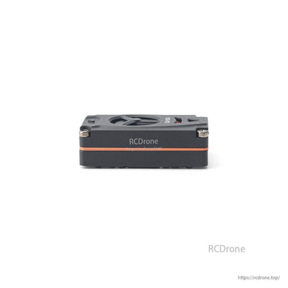 Side profile of the video transmitter showing low-height case and orange accent band