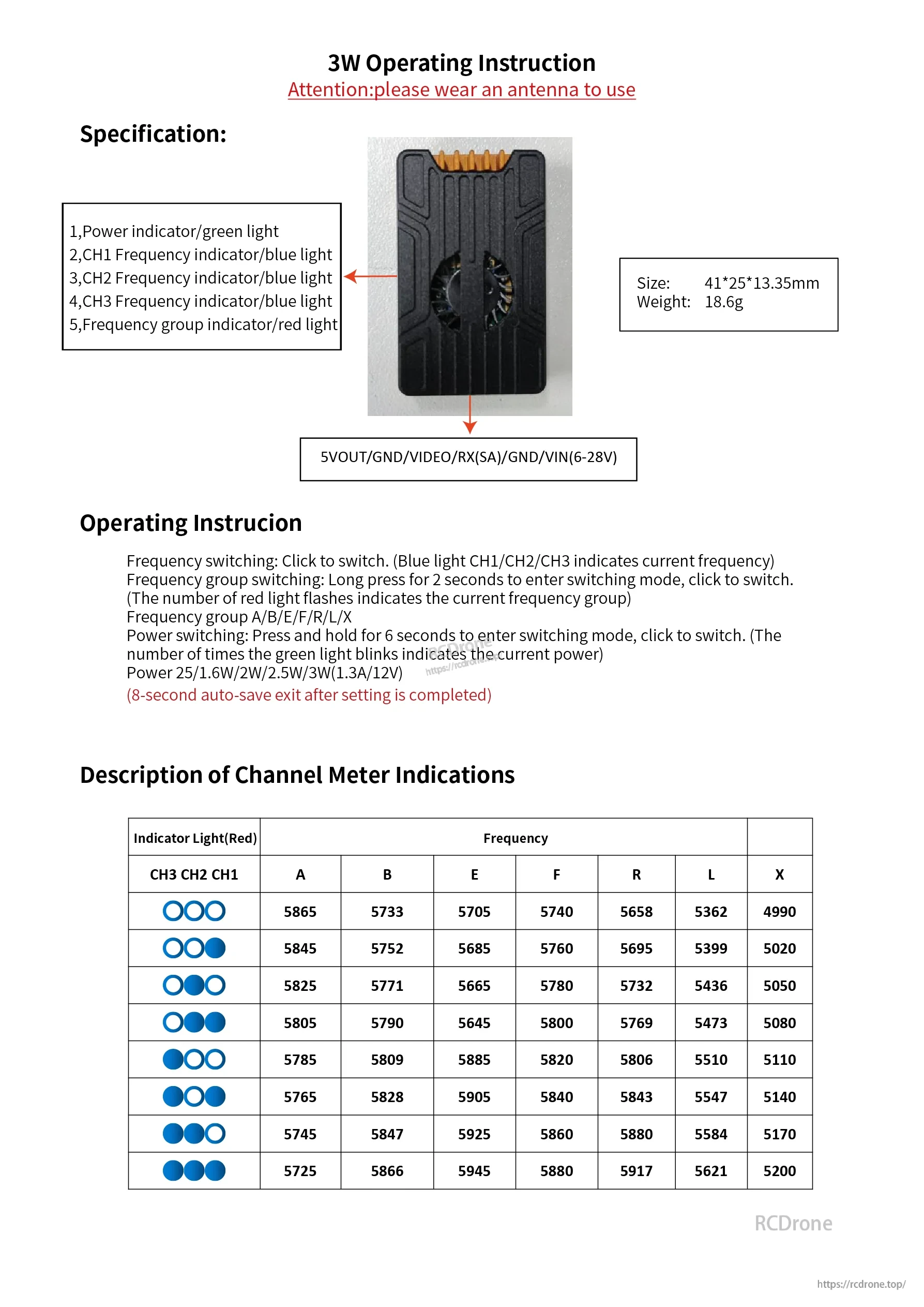 OddityRC 5.8G 3W VTX operating instructions with LED indicators, pinout labels, size/weight, and channel table