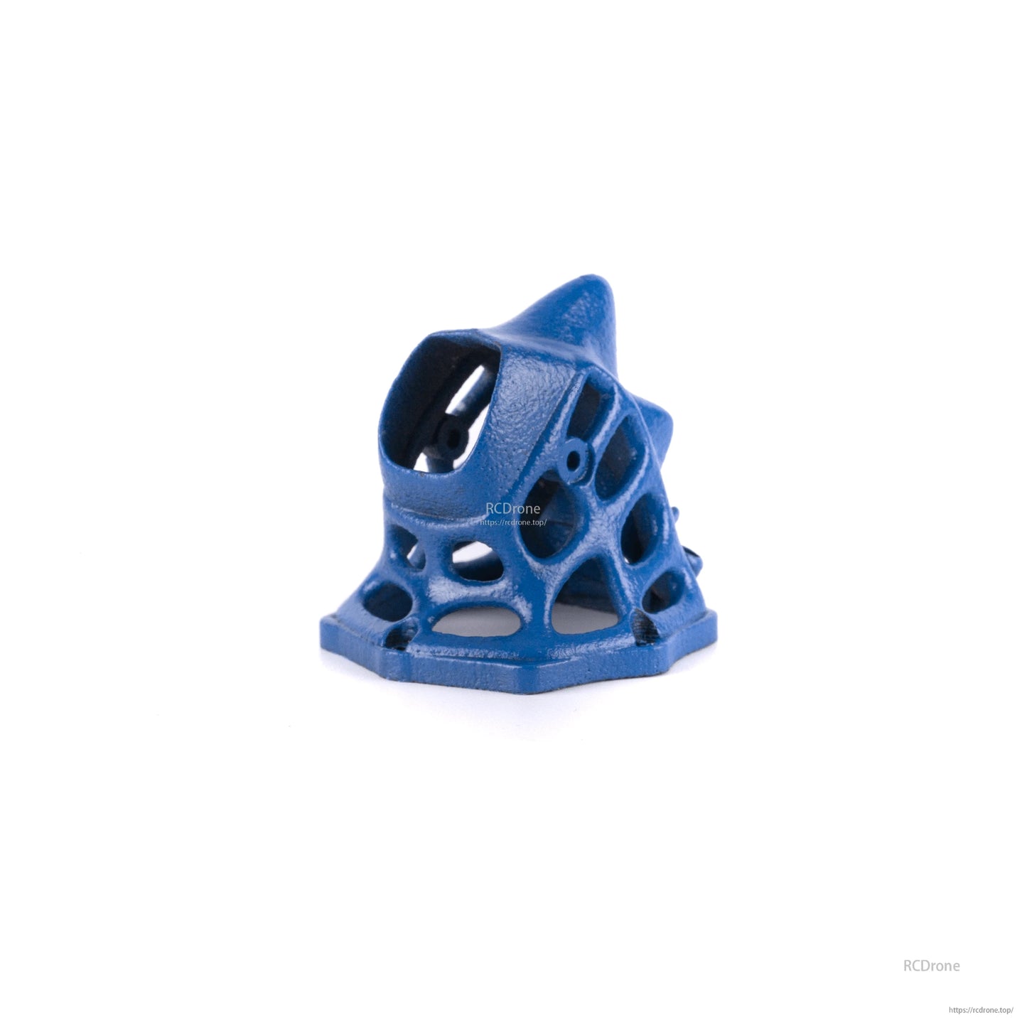 Blue Dino FPV drone canopy shell, lattice design with angled top fin and mounting base