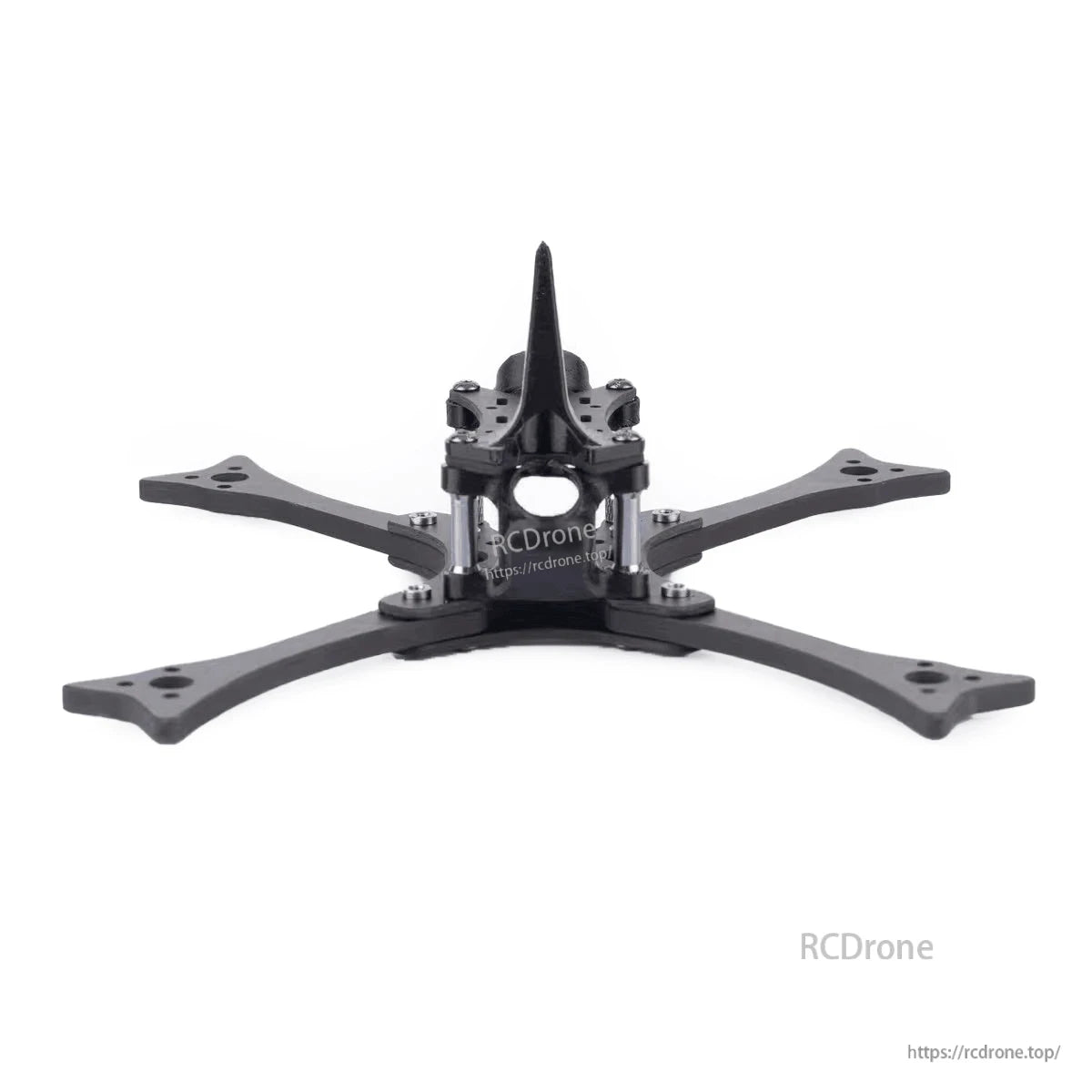 Front view of carbon FPV racing frame showing nose profile, center stack area, and four arms