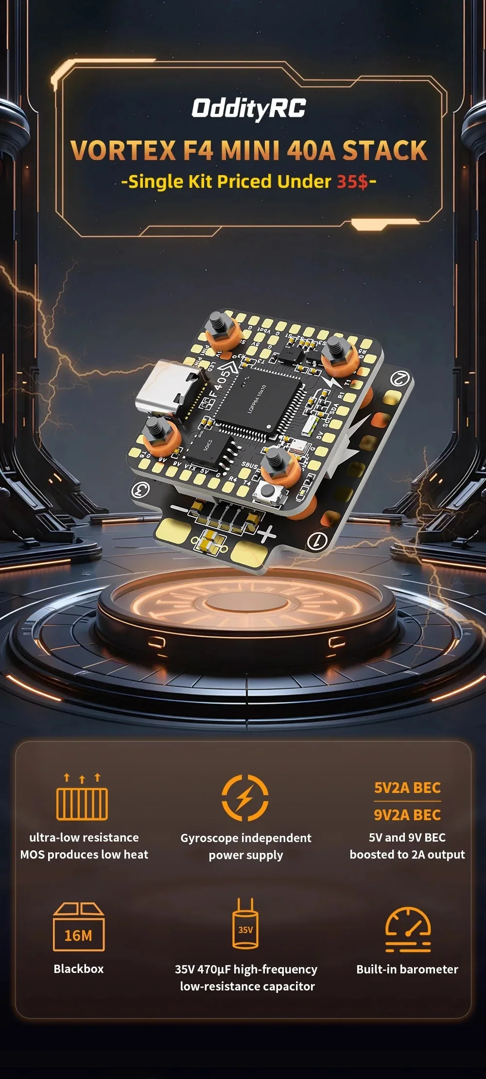 OddityRC F405 Mini 40A Stack (AM32) hero view with compact 20×20 flight controller and 4-in-1 ESC