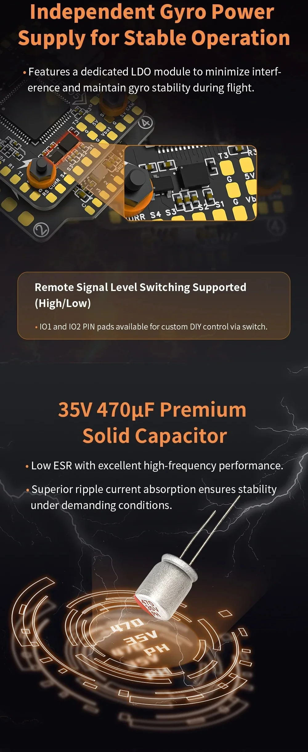 Independent gyro LDO power, remote signal level switching pads, and included 35V 470µF capacitor graphic