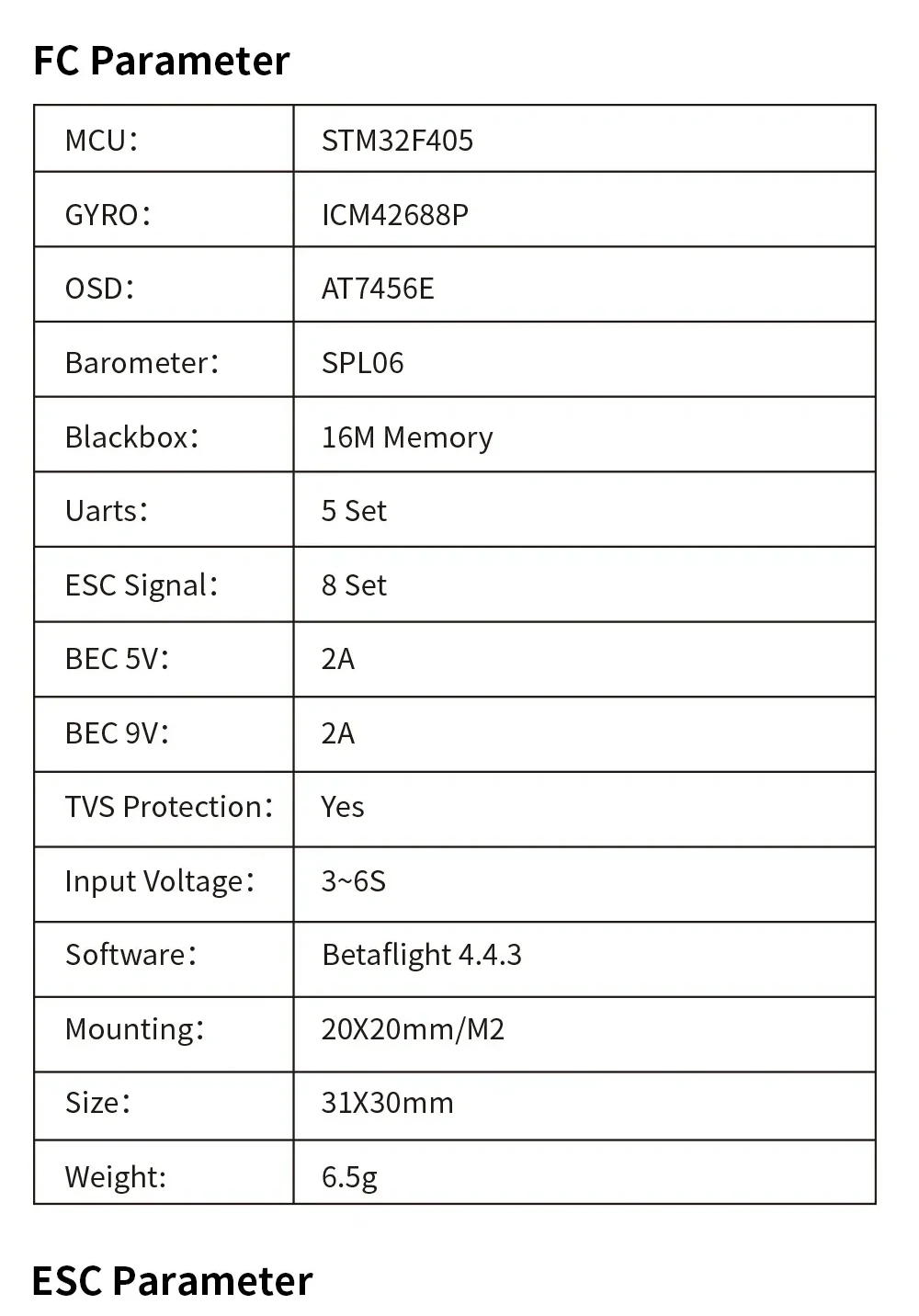 Flight controller parameter table listing STM32F405, ICM42688P gyro, AT7456E OSD, SPL06 barometer, 16M blackbox
