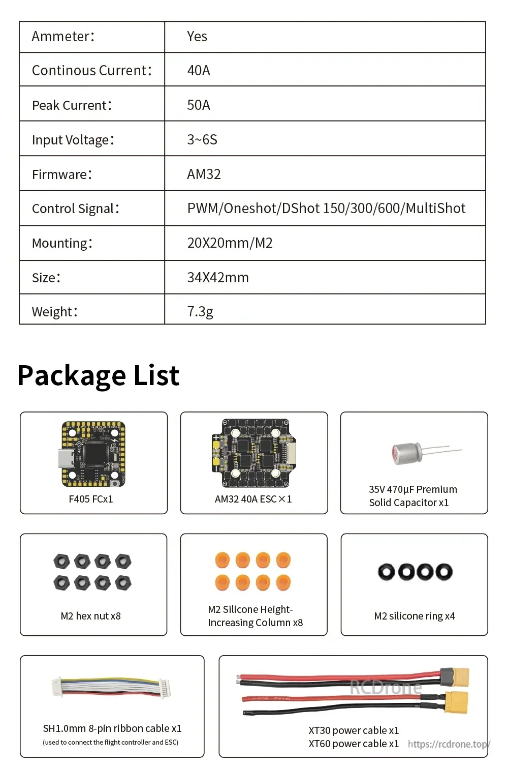ESC parameter table (AM32, 40A continuous, 50A peak, 3–6S) and package list of included cables and hardware