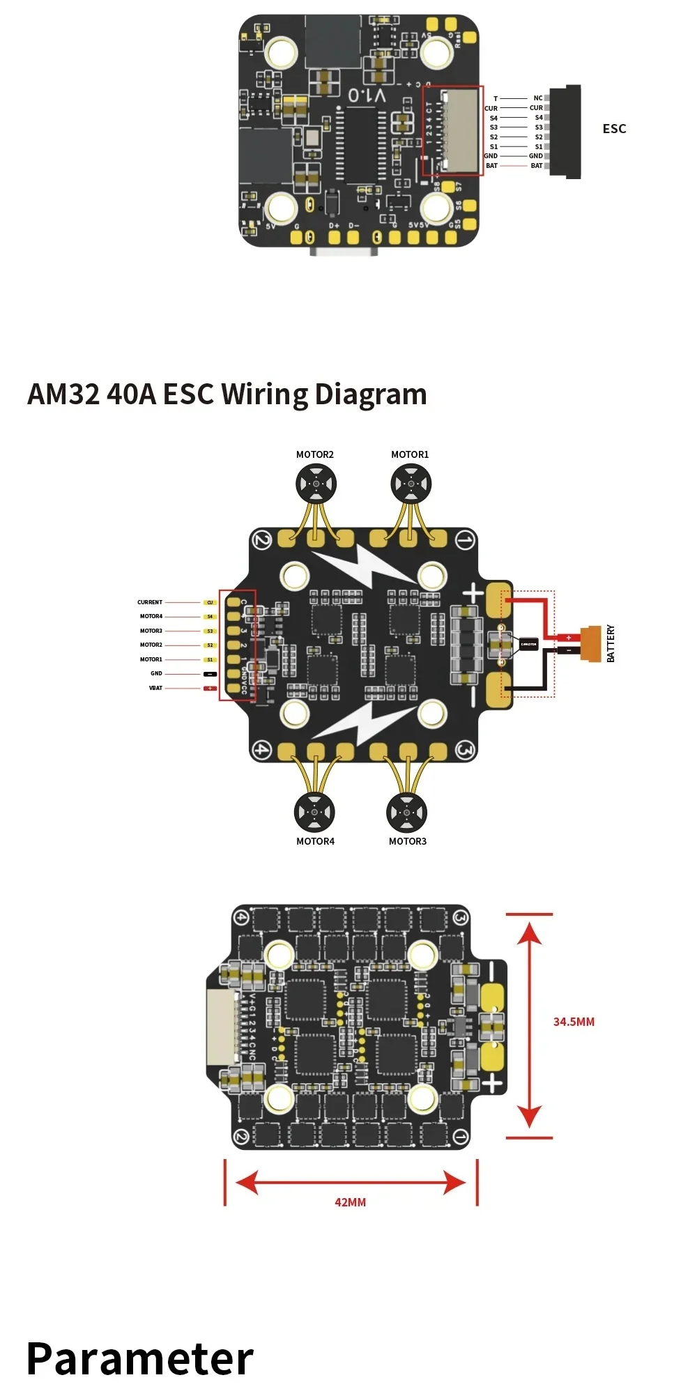 AM32 40A 4-in-1 ESC wiring diagram and board dimensions (approx. 42 mm × 34.5 mm)
