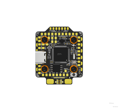 Top-down view of F405 mini flight controller board with USB-C port, solder pads, and mounting holes