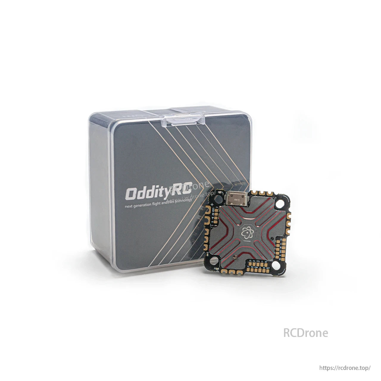 OddityRC F7 40A AIO Flight Controller shown next to the branded storage case