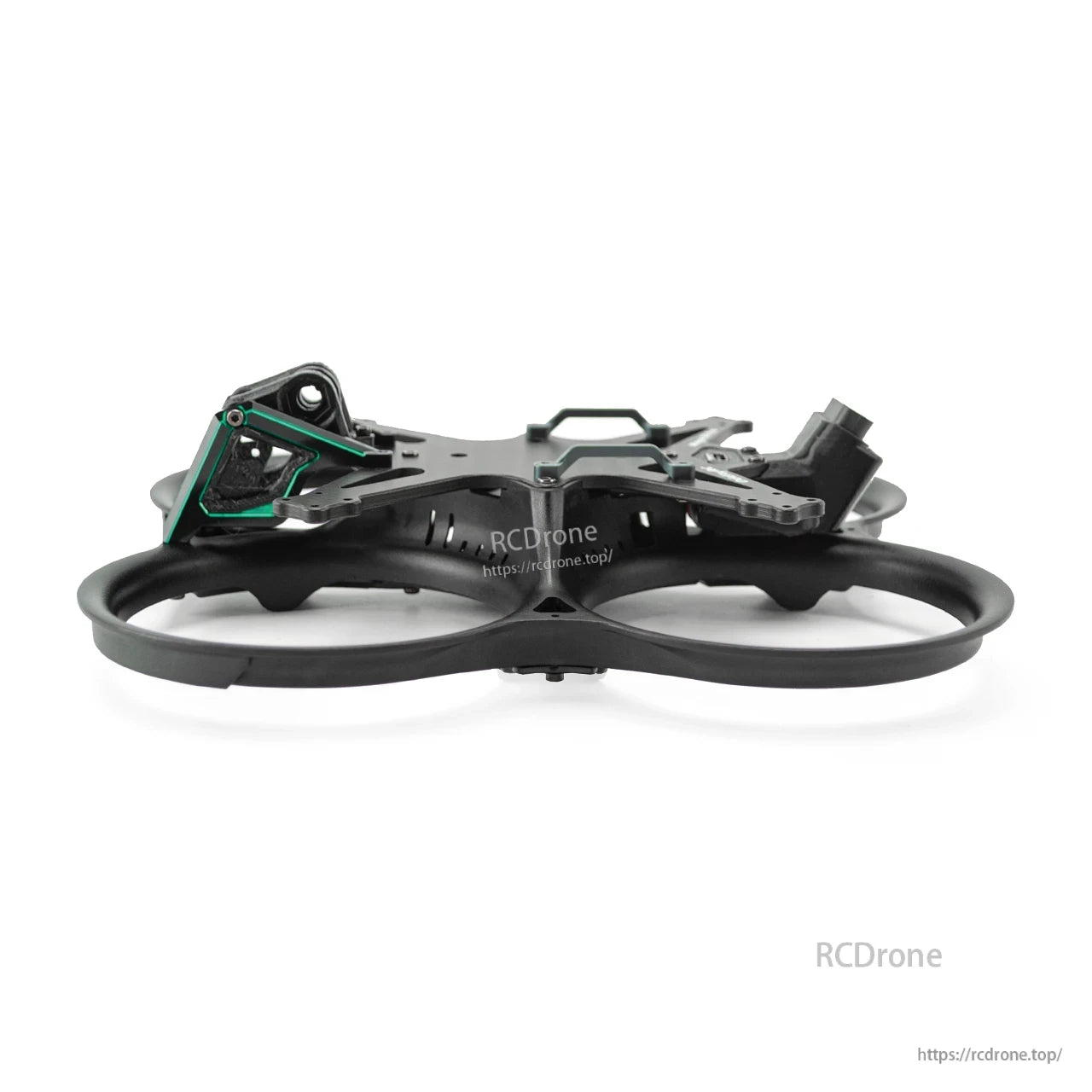 Side profile of ducted FPV frame showing carbon top plate, standoffs, and camera mount bracket