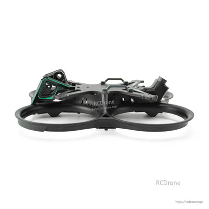 Side profile of ducted FPV frame showing carbon top plate, standoffs, and camera mount bracket