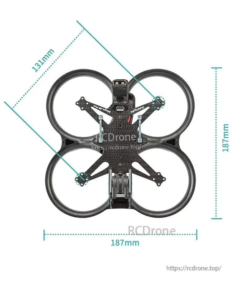 OddityRC Mage-Pro Frame Kit Ducted FPV Frame dimension diagram with 131mm wheelbase and 187mm width