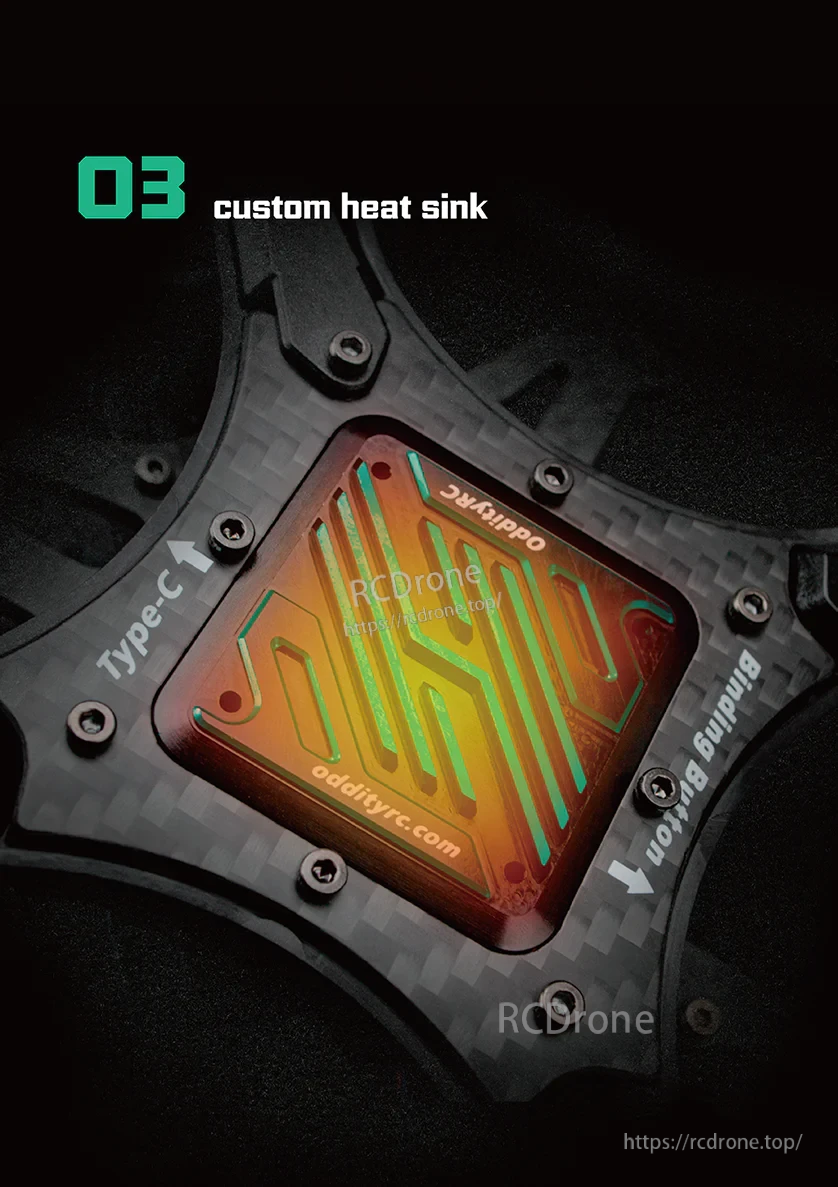 Close-up of Mage-Pro DJI O3 version heat sink plate with integrated Type-C cutout