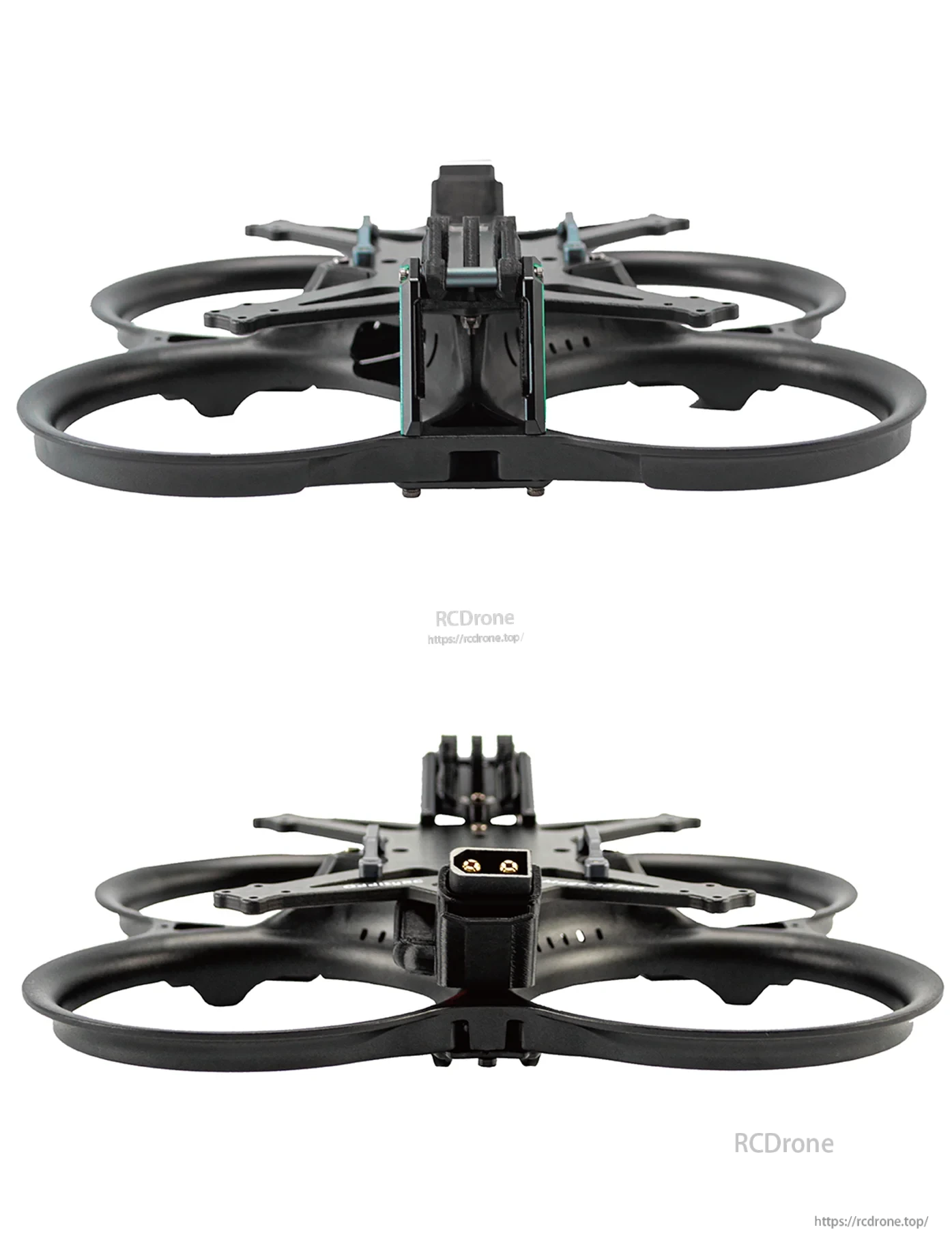 Front and rear profile views of Mage-Pro ducted frame showing stack height and port access