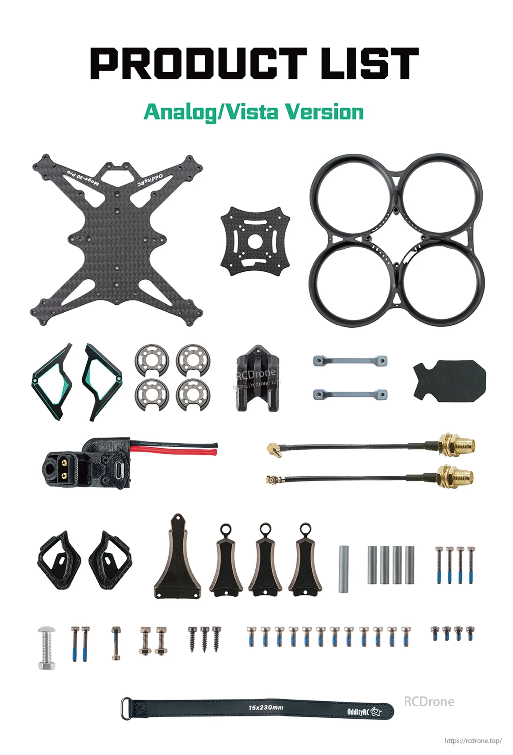 Analog/Vista version parts layout for Mage-Pro frame kit with ducts, plates, hardware and antenna leads