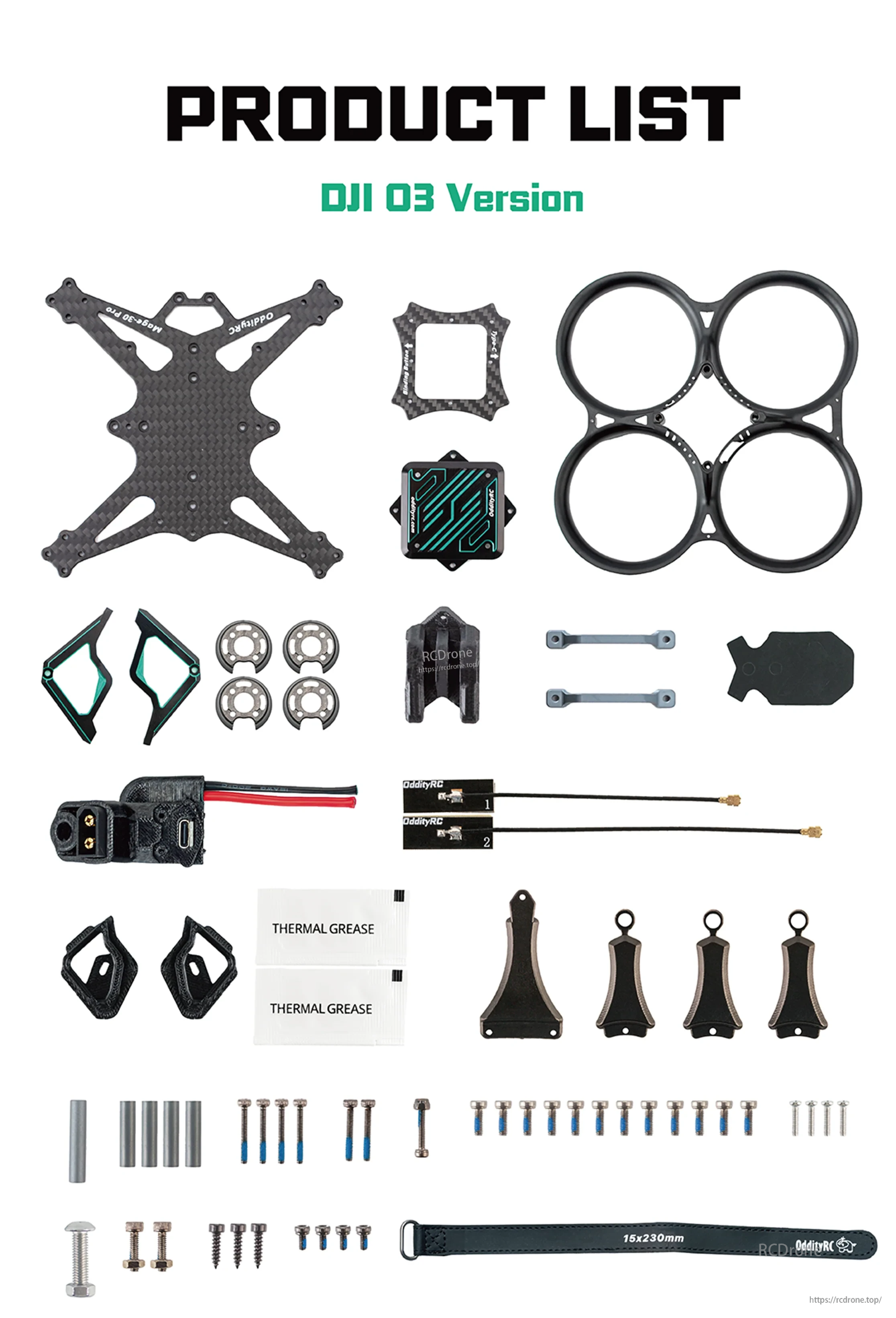 DJI O3 version parts layout for Mage-Pro frame kit including ducts, plates, hardware and accessories