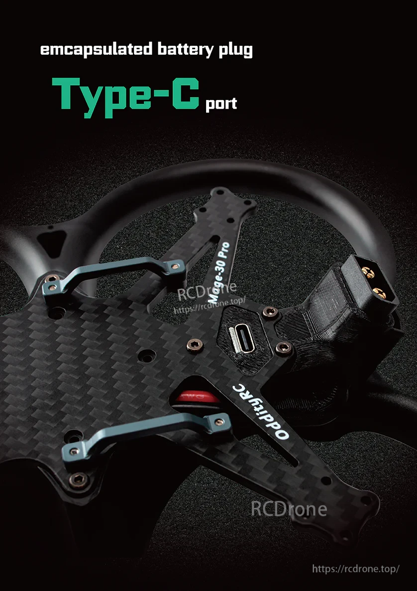 Mage-Pro frame rear section with encapsulated XT60H-M battery plug and integrated USB Type-C port