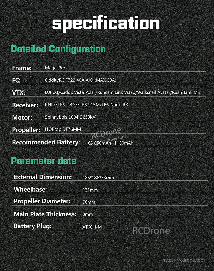 OddityRC Mage-Pro specification table listing supported VTX options, wheelbase, prop size and dimensions
