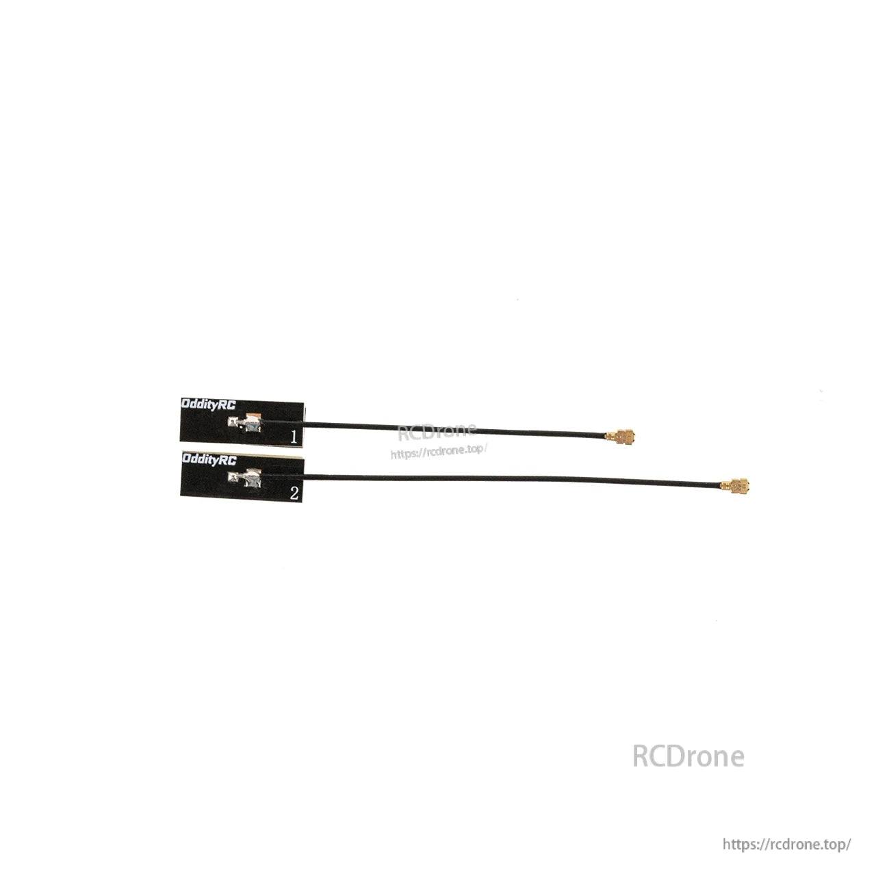 Pair of OddityRC coax antennas with small PCB mounts labeled 1 and 2 and U.FL connectors