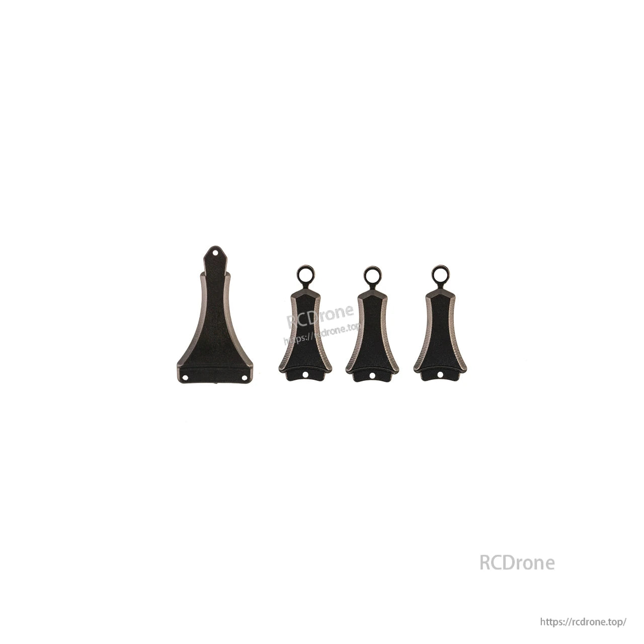 Set of four black mounting brackets with loop tabs, one large and three smaller