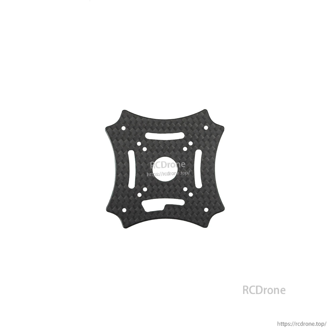 Carbon fiber center stack plate with slotted cutouts and multiple mounting holes