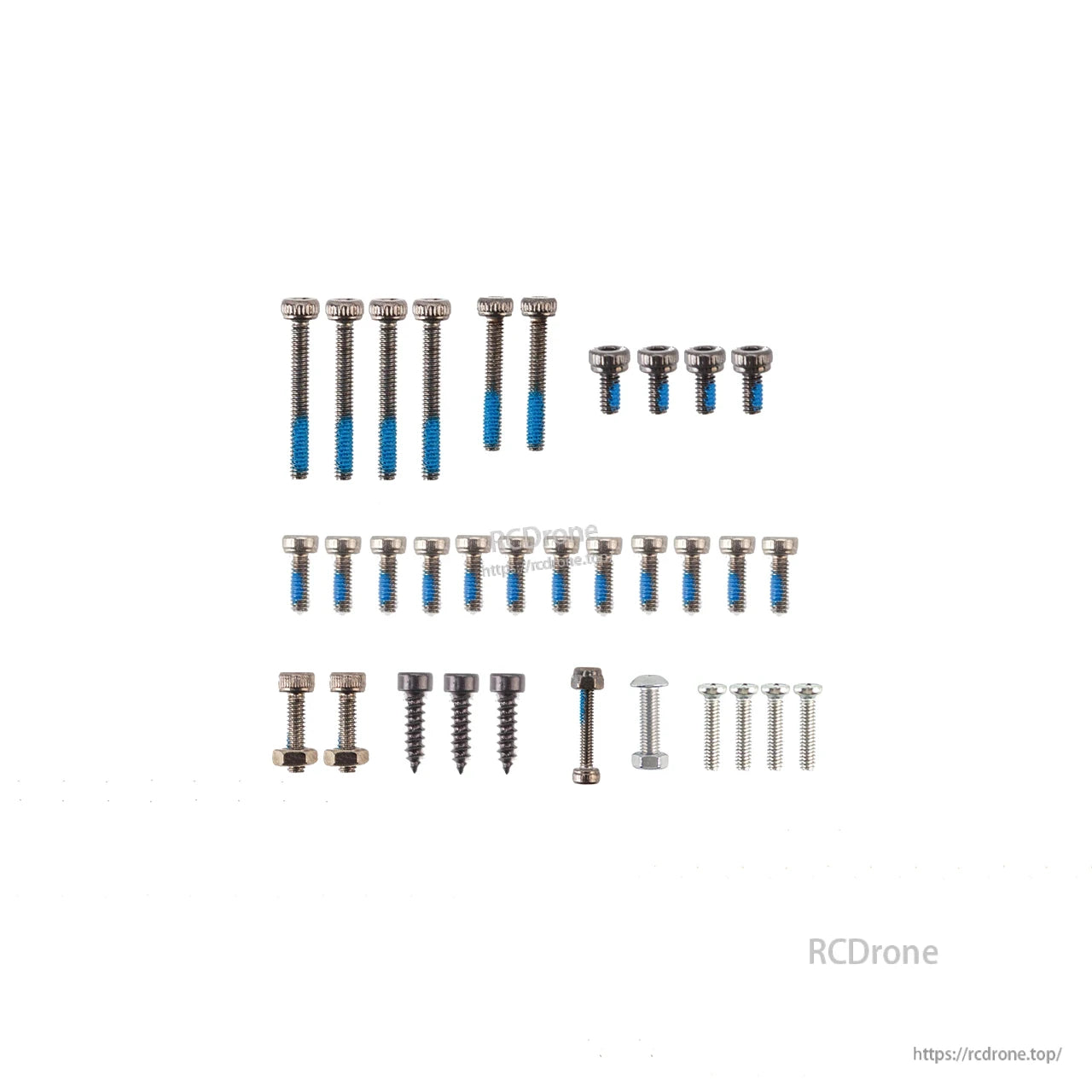 Frame hardware kit with assorted screws, bolts, nuts, and small fasteners laid out by size