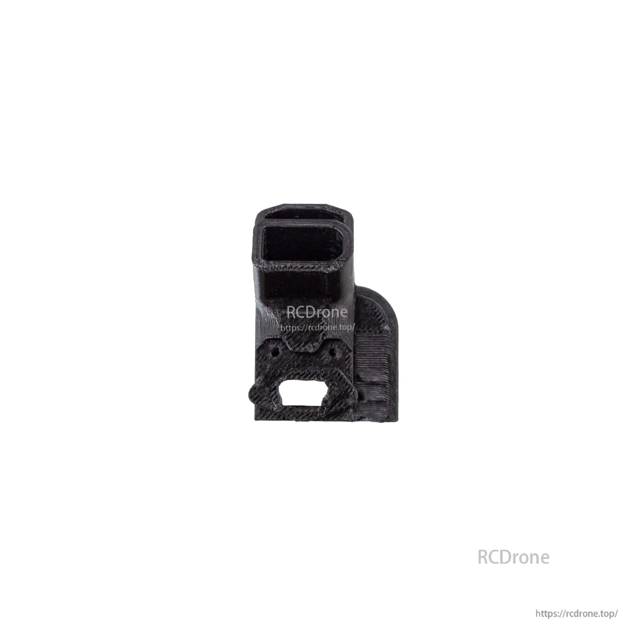 3D-printed camera mount bracket shown from side angle, rectangular tube with mounting base