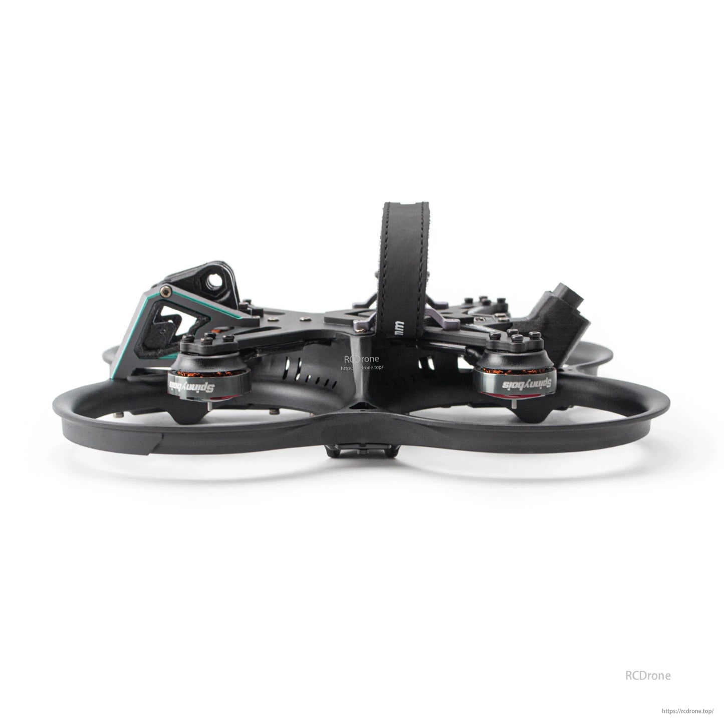 Side profile of ducted FPV drone showing battery strap loop and frame height clearance