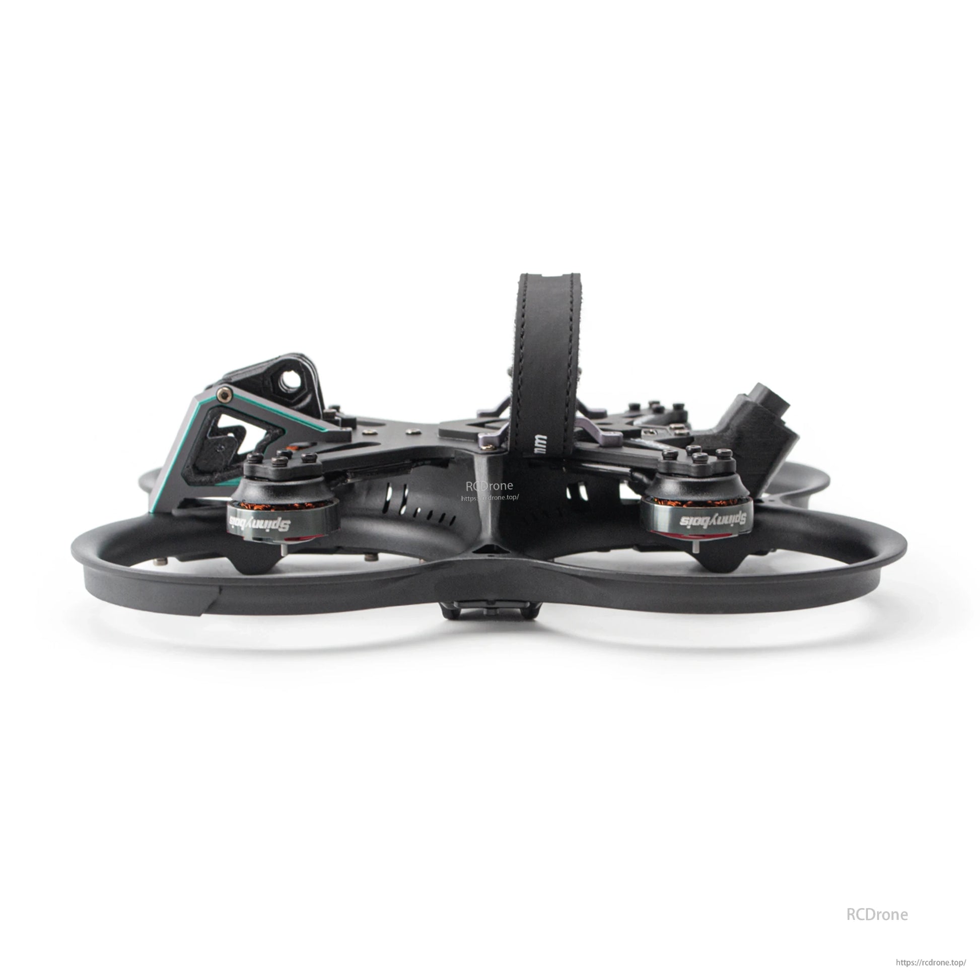 Side profile of ducted FPV drone showing battery strap loop and frame height clearance