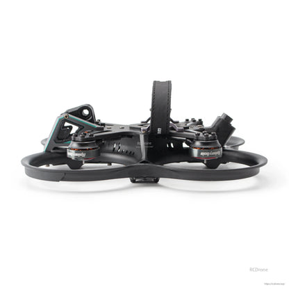 Side profile of ducted FPV drone showing battery strap loop and frame height clearance