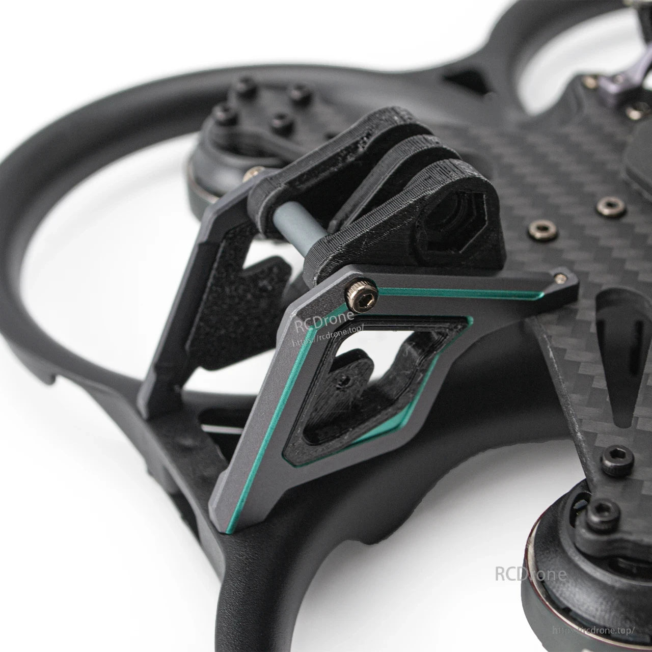 Close-up of front camera mount bracket with teal accent and protective TPU mount