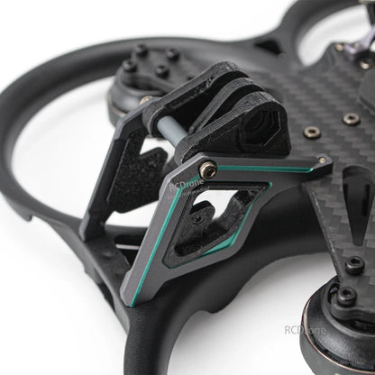 Close-up of front camera mount bracket with teal accent and protective TPU mount